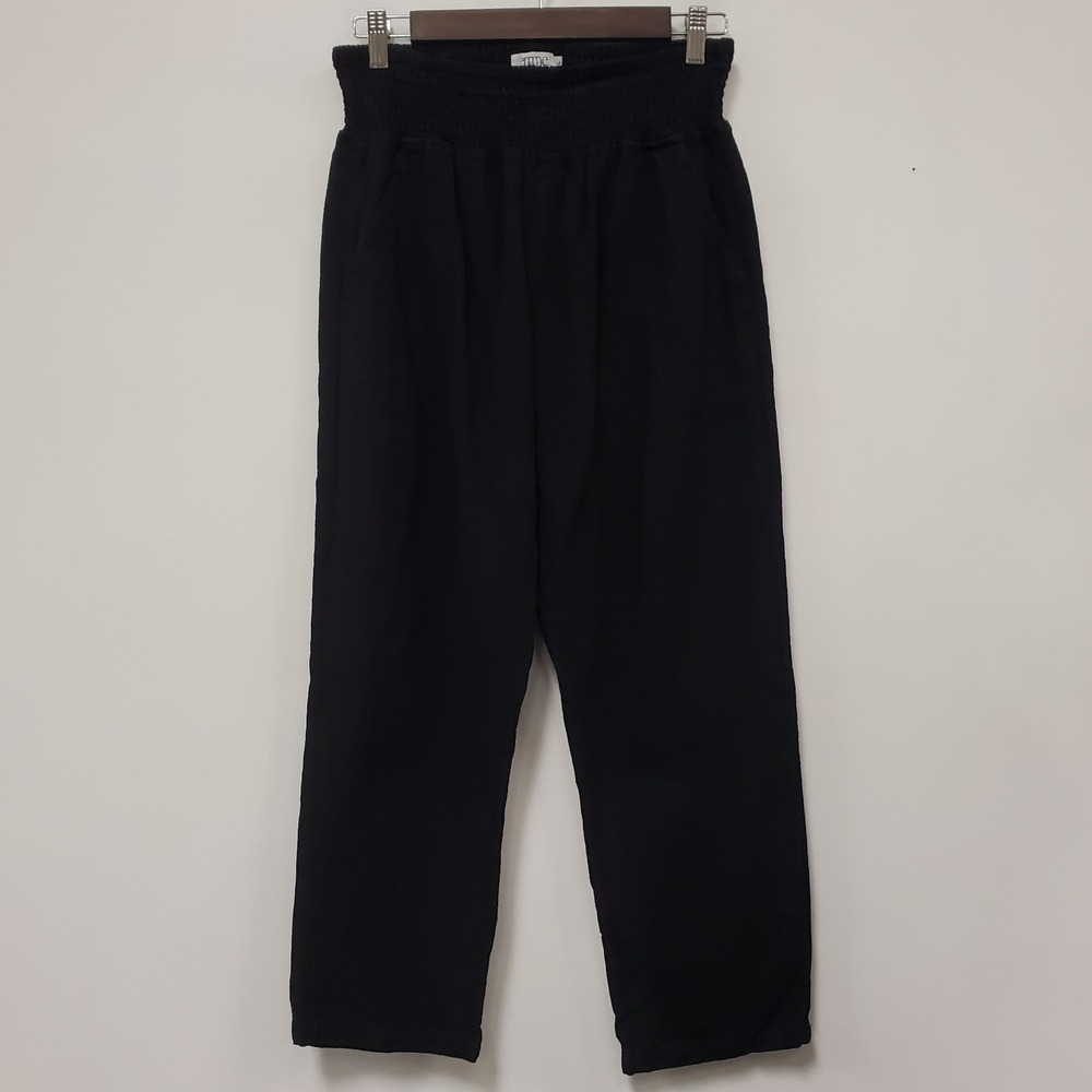 Emme Womens Pull On Wide Leg Linen Maternity Pants Size L Black Smocked Pocket